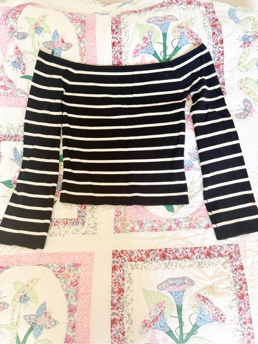 Black and White Striped Off-the-Shoulder Crop Sweater with Flared Sleeves
